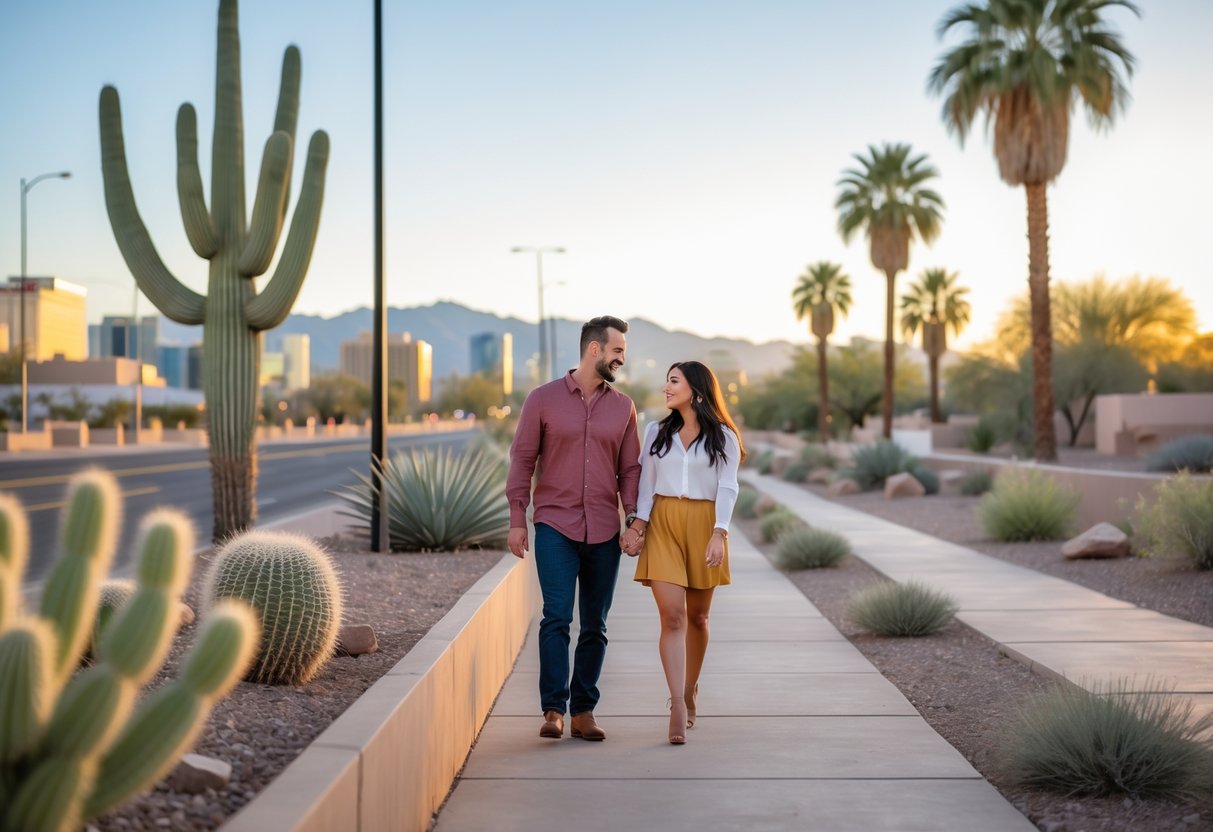 A couple walking hand in hand along a pathway in Phoenix with desert plants and city skyline in the background during sunset.