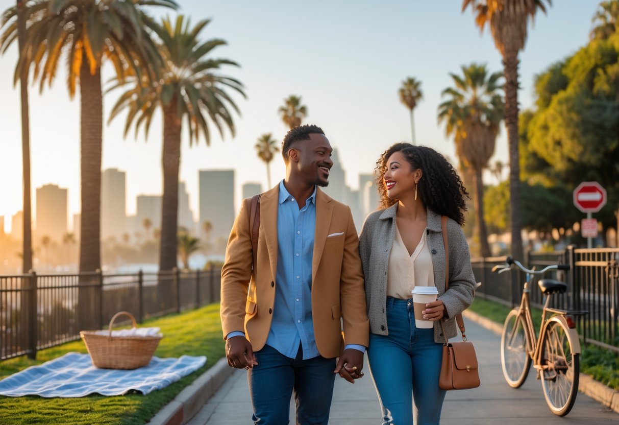A couple walking hand-in-hand outdoors in Los Angeles with palm trees and city skyline in the background, smiling and enjoying their time together.