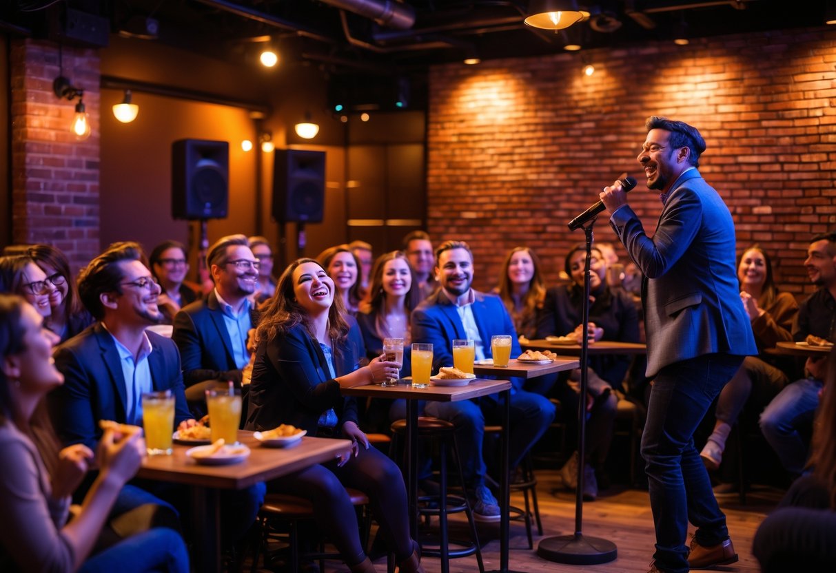 A comedian performs on stage at a comedy club while an audience watches and laughs at small tables.