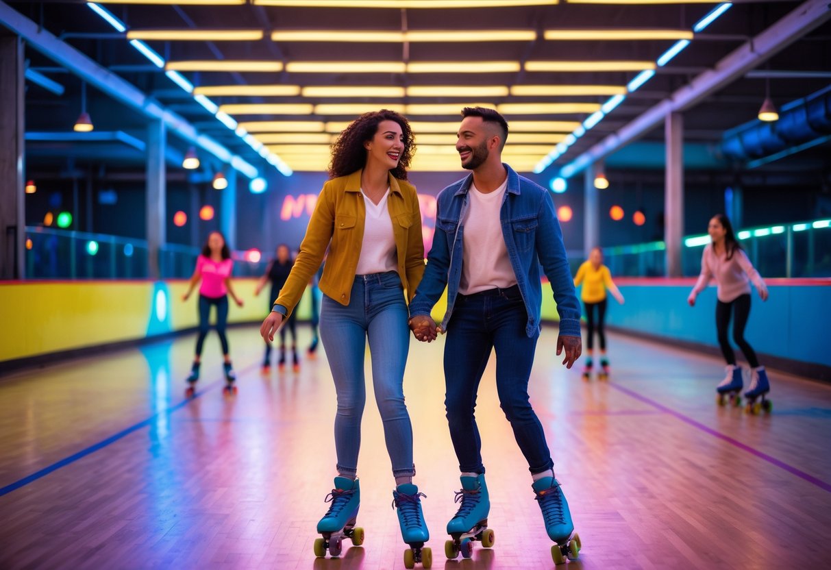 A couple roller skating together inside an indoor rink, smiling and holding hands.