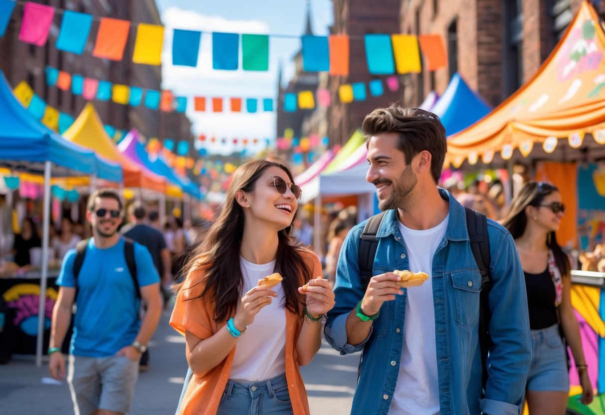 A young couple enjoying an outdoor festival with food stalls, art displays, and people in an urban setting.