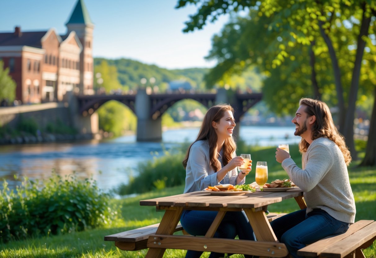 A young couple sitting at a picnic table near a river and historic buildings, enjoying a sunny day outdoors in Johnstown, Pennsylvania.