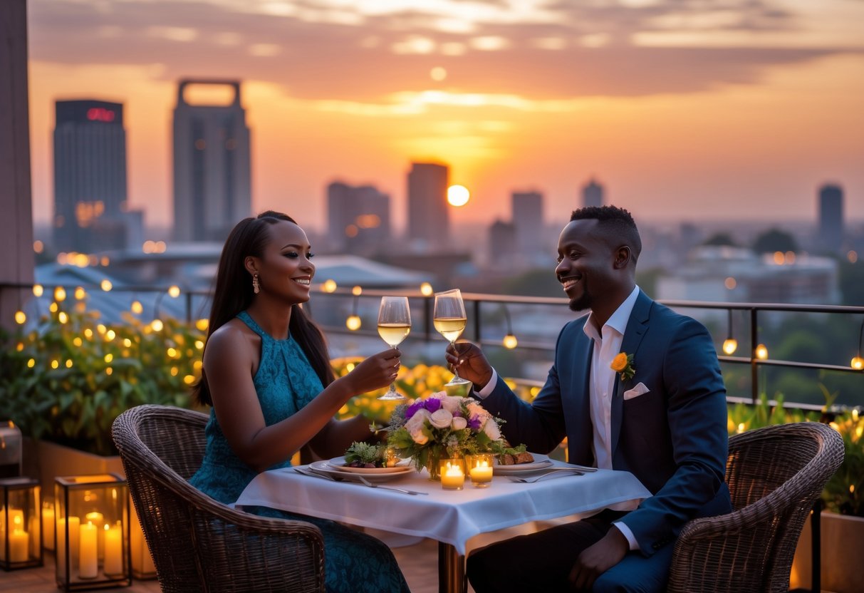 A couple enjoying a romantic dinner at a rooftop restaurant overlooking Nairobi's skyline at sunset.