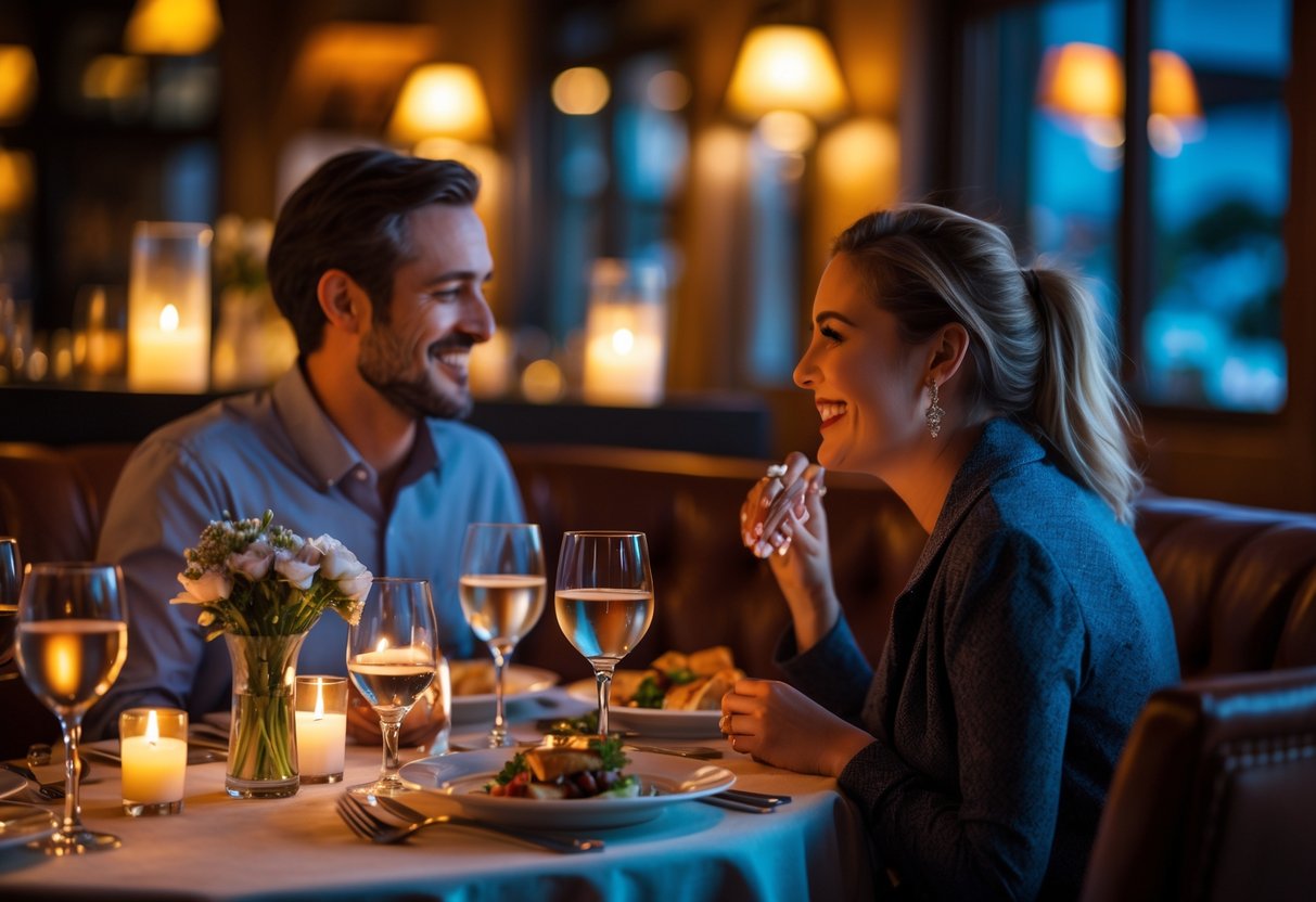 A couple enjoying a romantic dinner at a cozy restaurant table with candles and flowers.