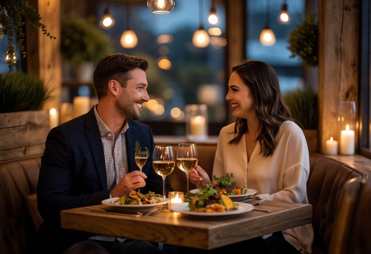 A couple enjoying a cozy dinner together at a small table in a warmly lit bistro.
