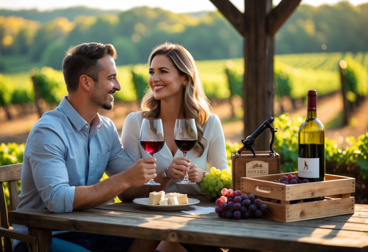 A couple enjoying wine tasting outdoors at a winery with vineyard rows in the background.