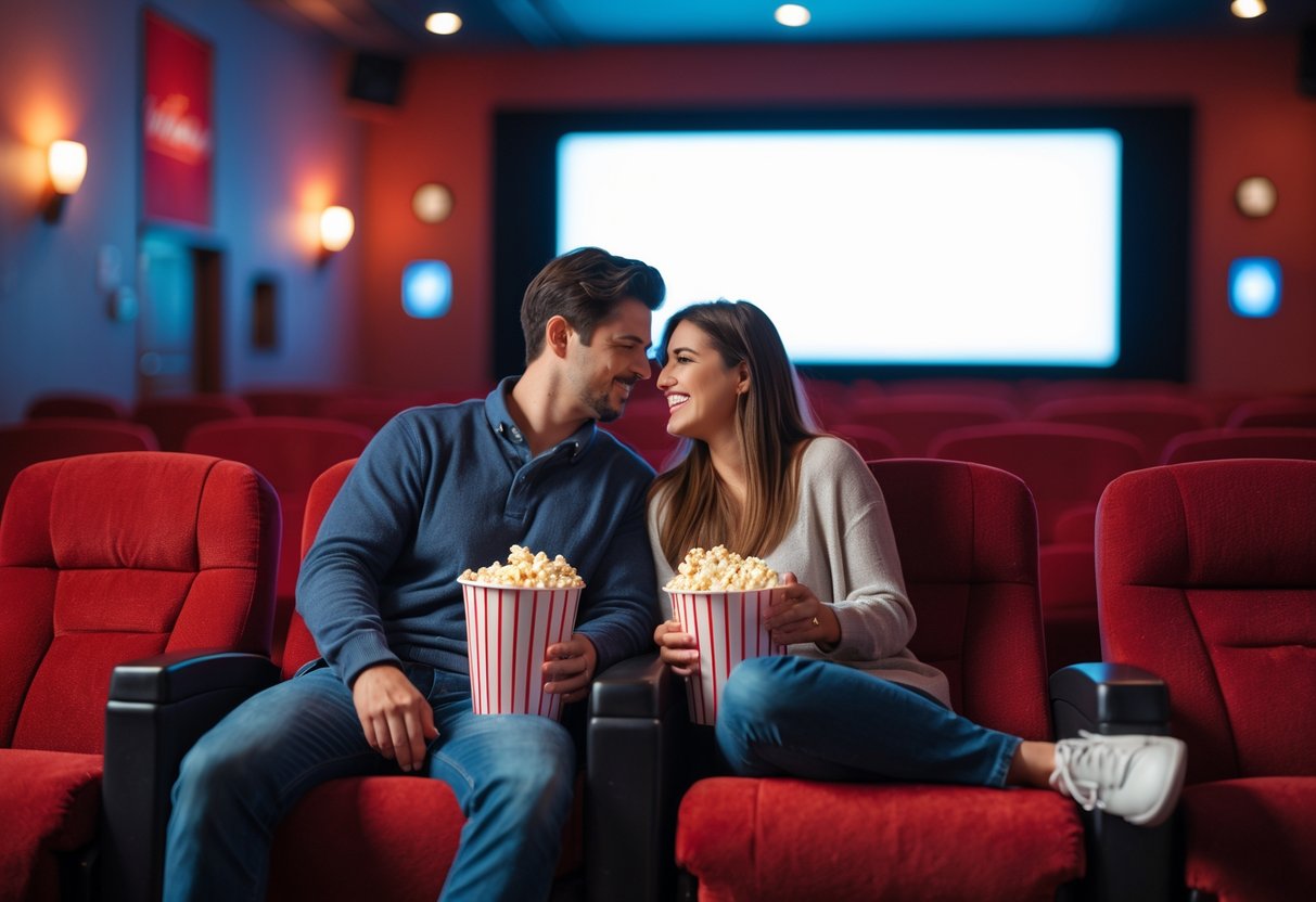 A young couple sitting together in a movie theater, sharing popcorn and drinks, enjoying a movie night.