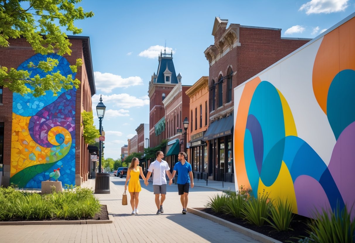 Couples walking and enjoying colorful public art installations in downtown Johnstown on a sunny day.