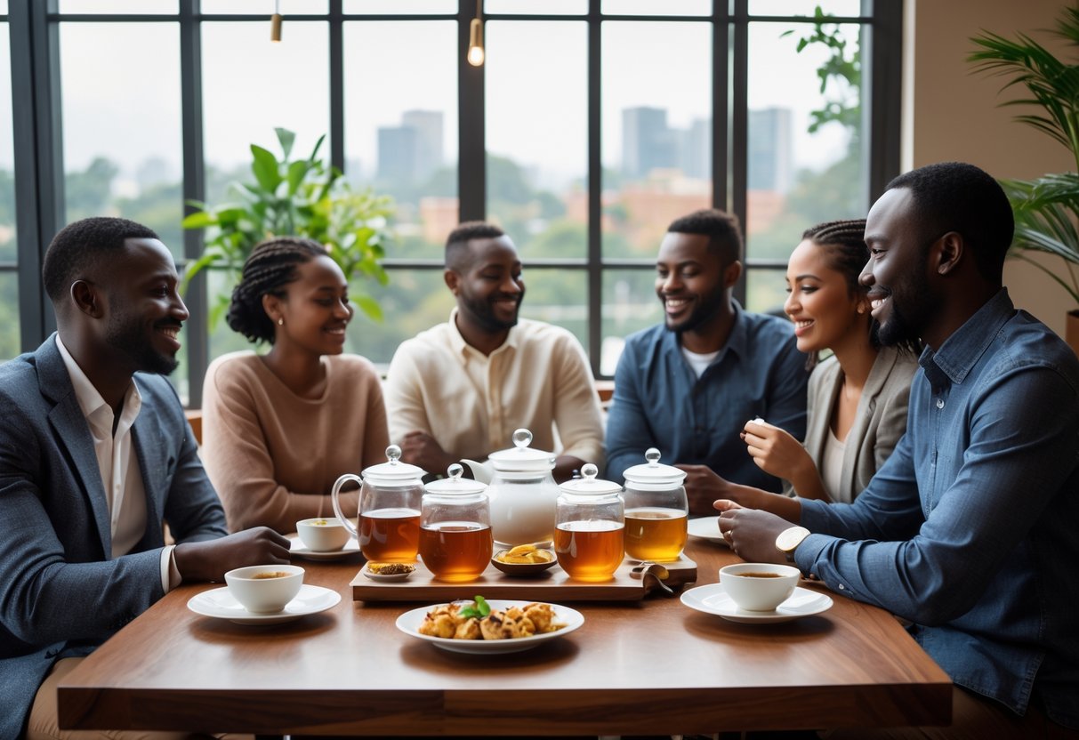 People enjoying a tea tasting together around a table in a bright, cozy tea room.