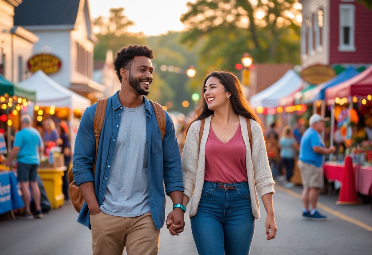 A young couple walking hand-in-hand through a busy outdoor local event in a small town, surrounded by vendor booths and other people.