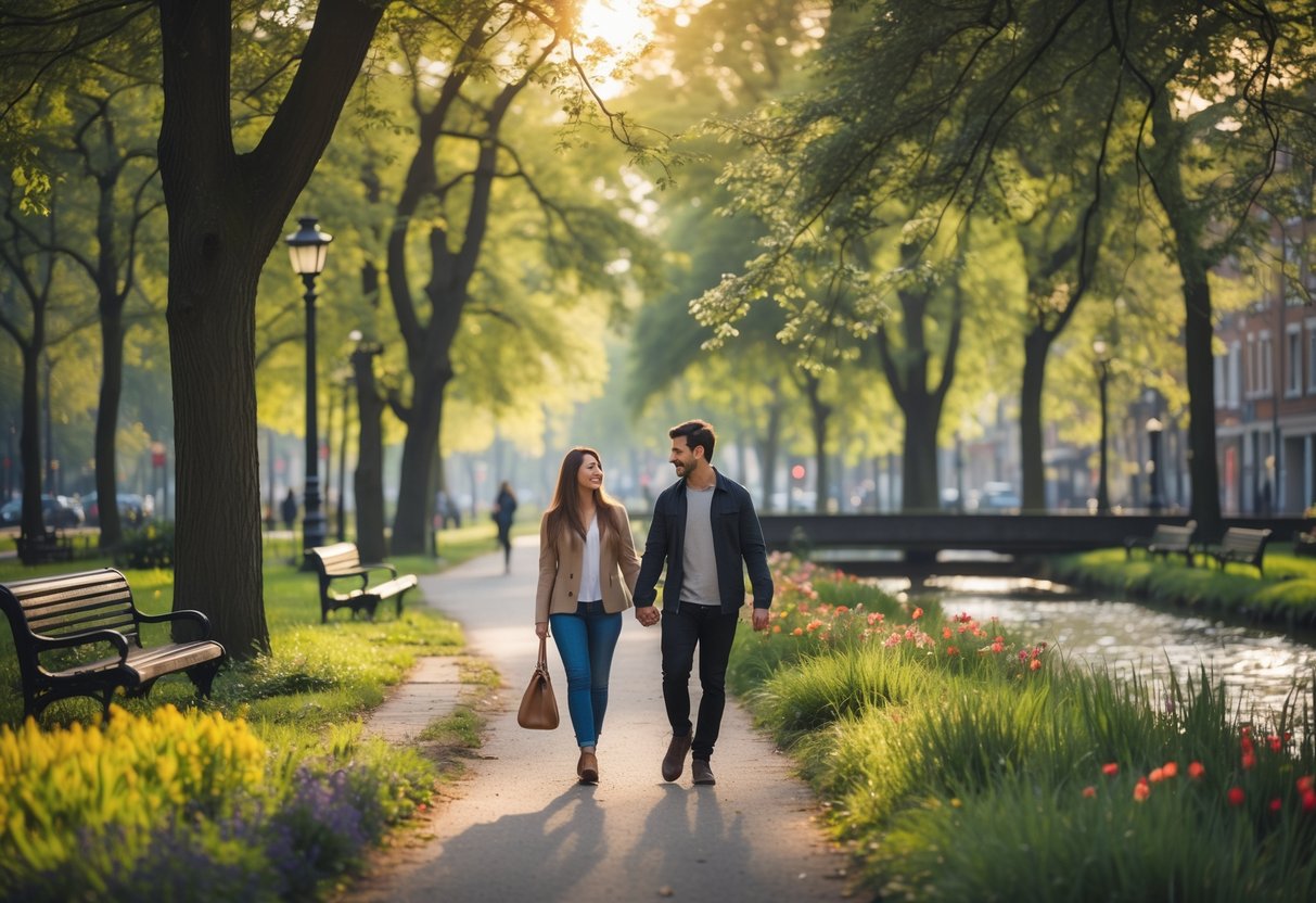 A young couple walking hand-in-hand along a tree-lined park path surrounded by greenery and flowers.