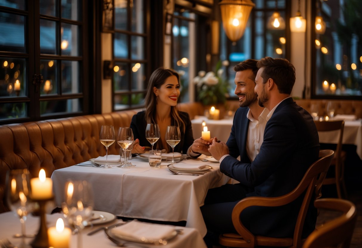 A couple enjoying a romantic dinner at a warmly lit restaurant with elegant table settings.