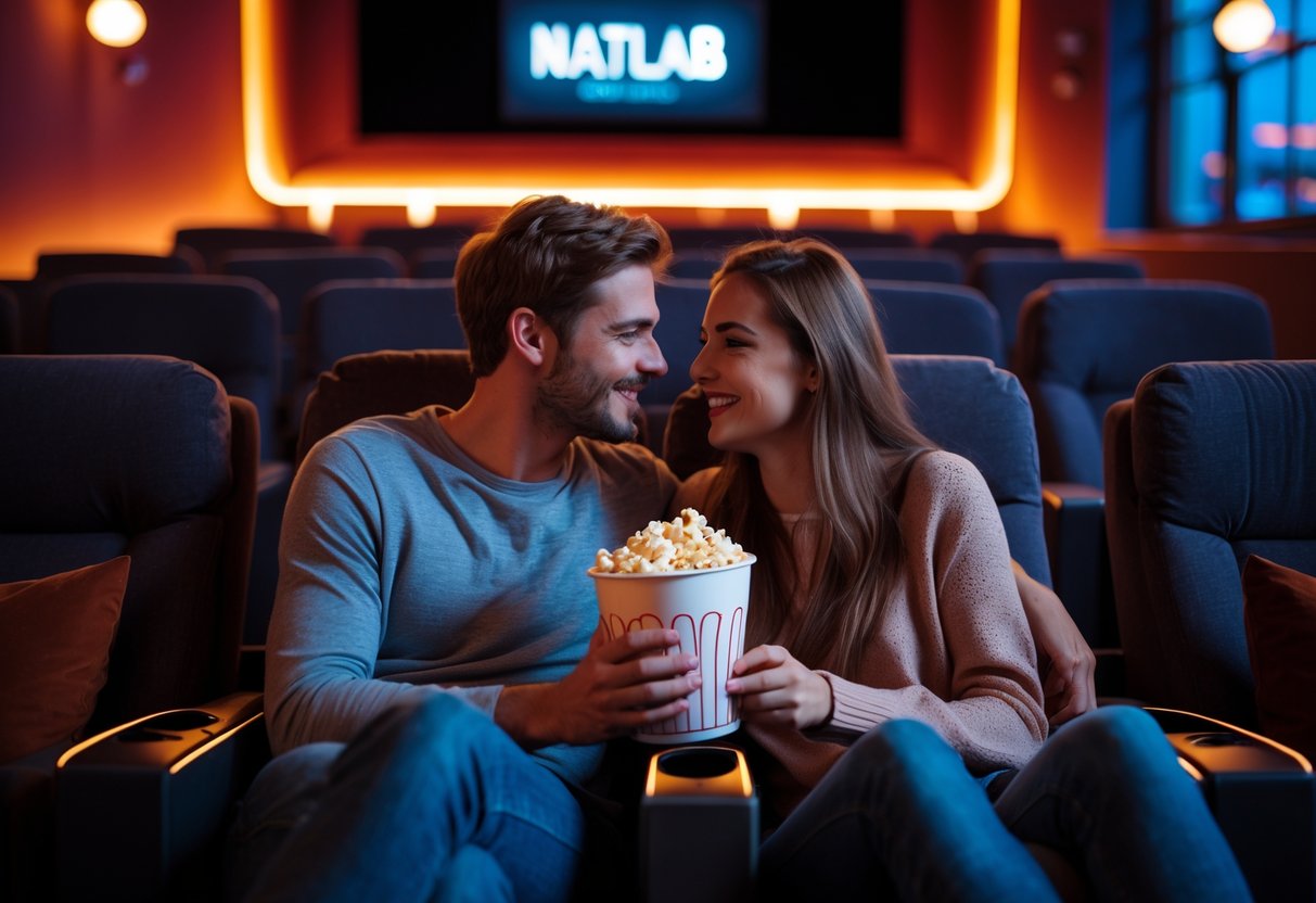 A young couple sitting together in a cinema auditorium, sharing popcorn and enjoying a movie.