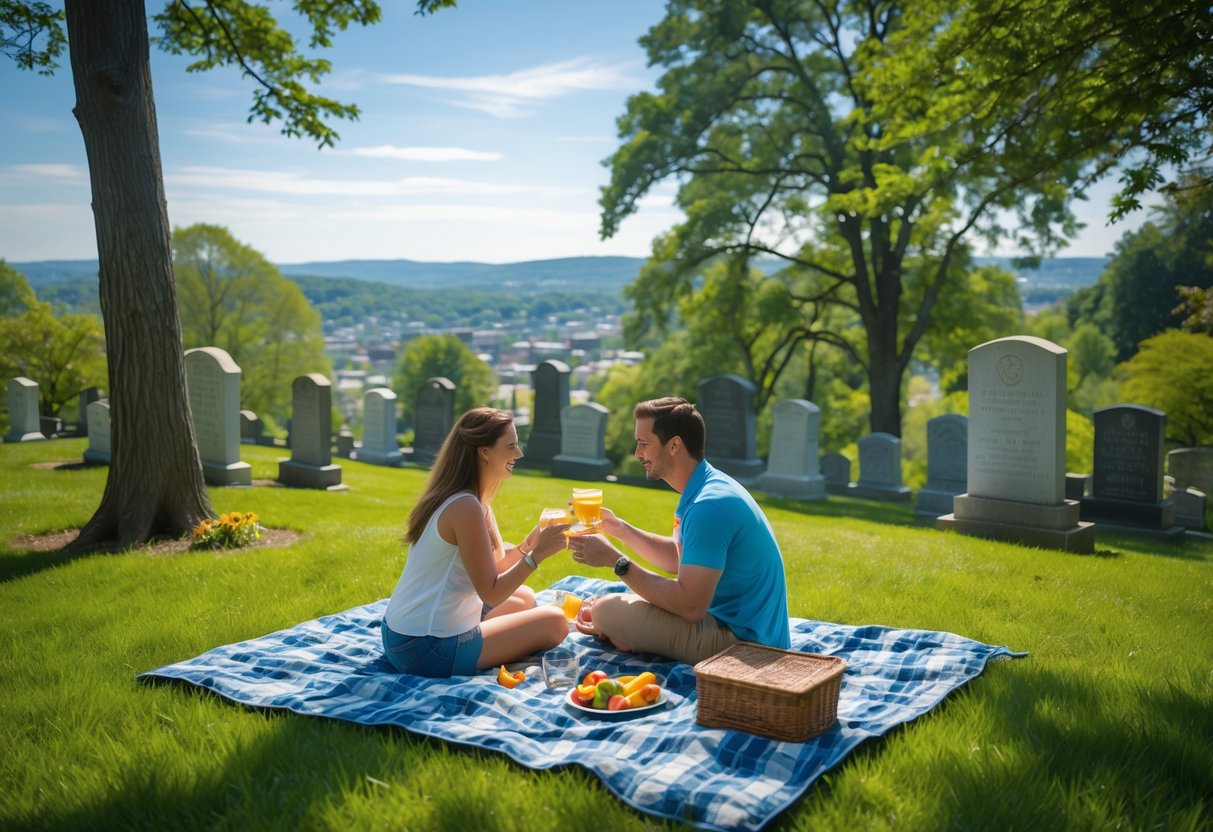 A young couple having a picnic on green grass at Grandview Cemetery with city and hills visible in the background.