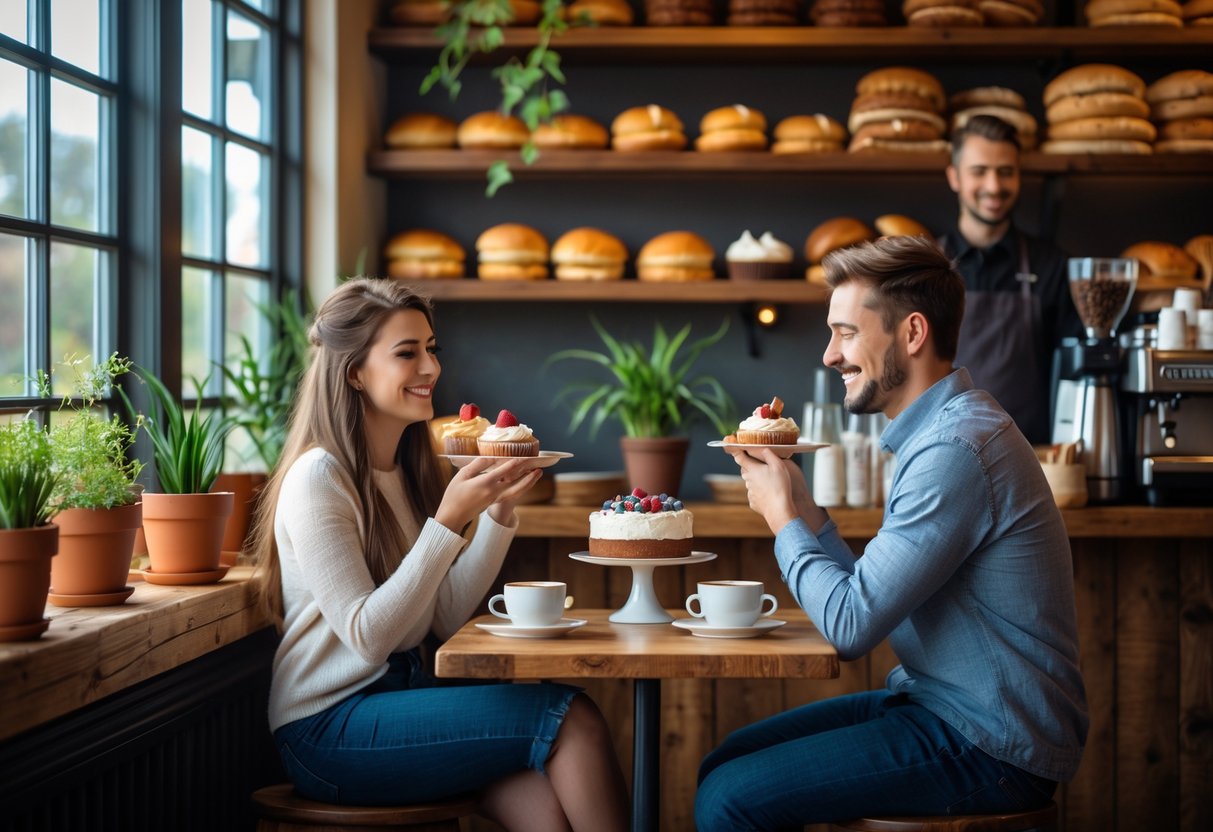 A young couple enjoying desserts at a small table inside a cozy local bakery with baked goods on shelves and a barista behind the counter.
