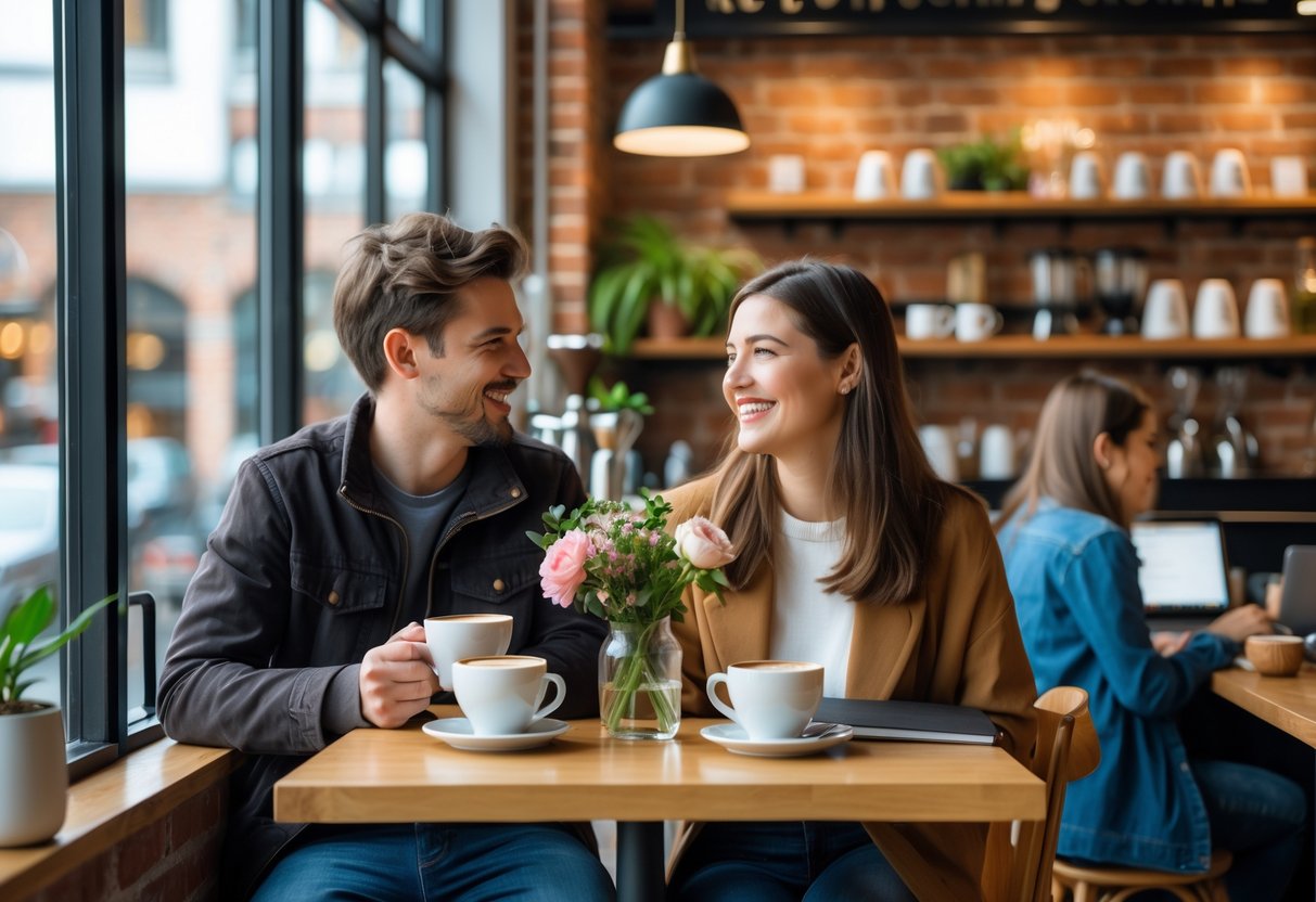 A young couple enjoying coffee together at a small table inside a modern coffee shop with natural light and cozy decor.