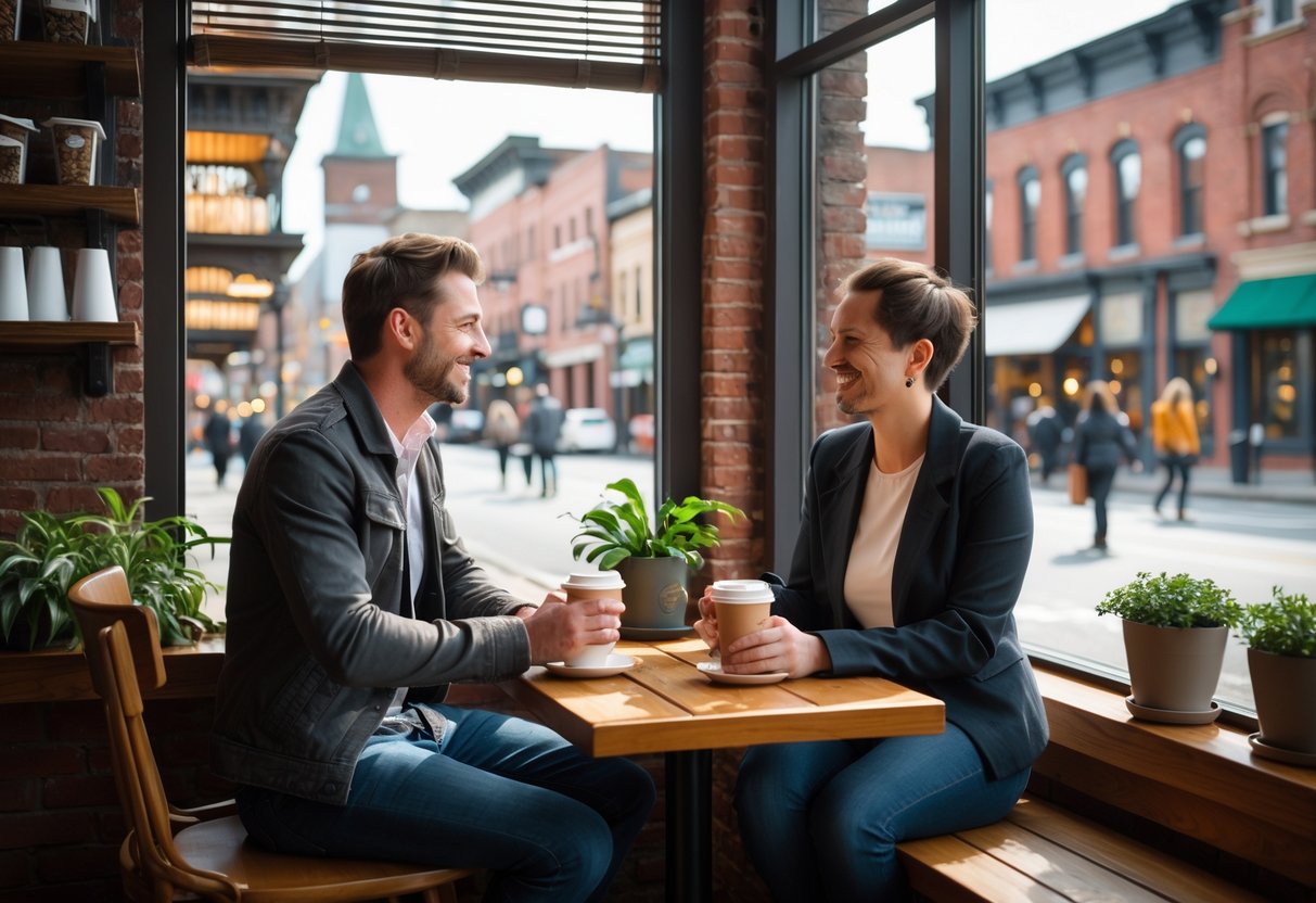 A couple enjoying coffee together at a small table inside a downtown café with a city street visible through a large window.