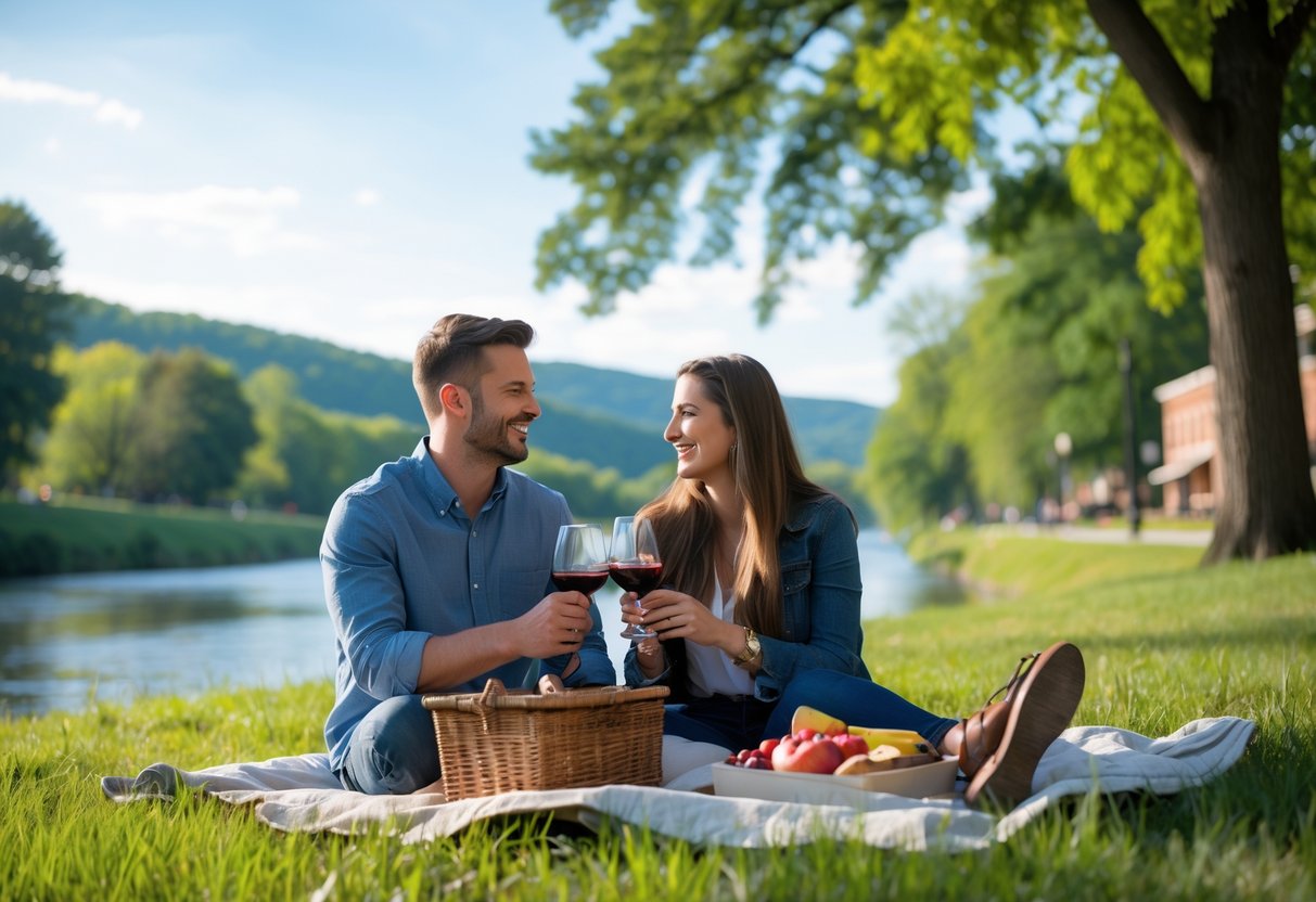 A young couple enjoying a picnic together in a green park near a river with hills and town buildings in the background.