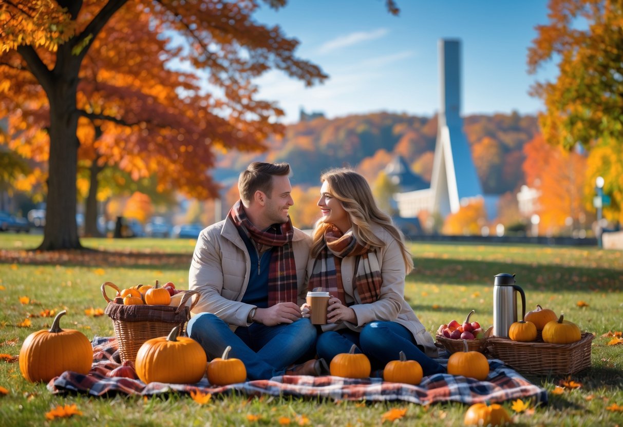 A couple having a picnic surrounded by colorful autumn trees in a park with a distant view of a local Johnstown landmark.