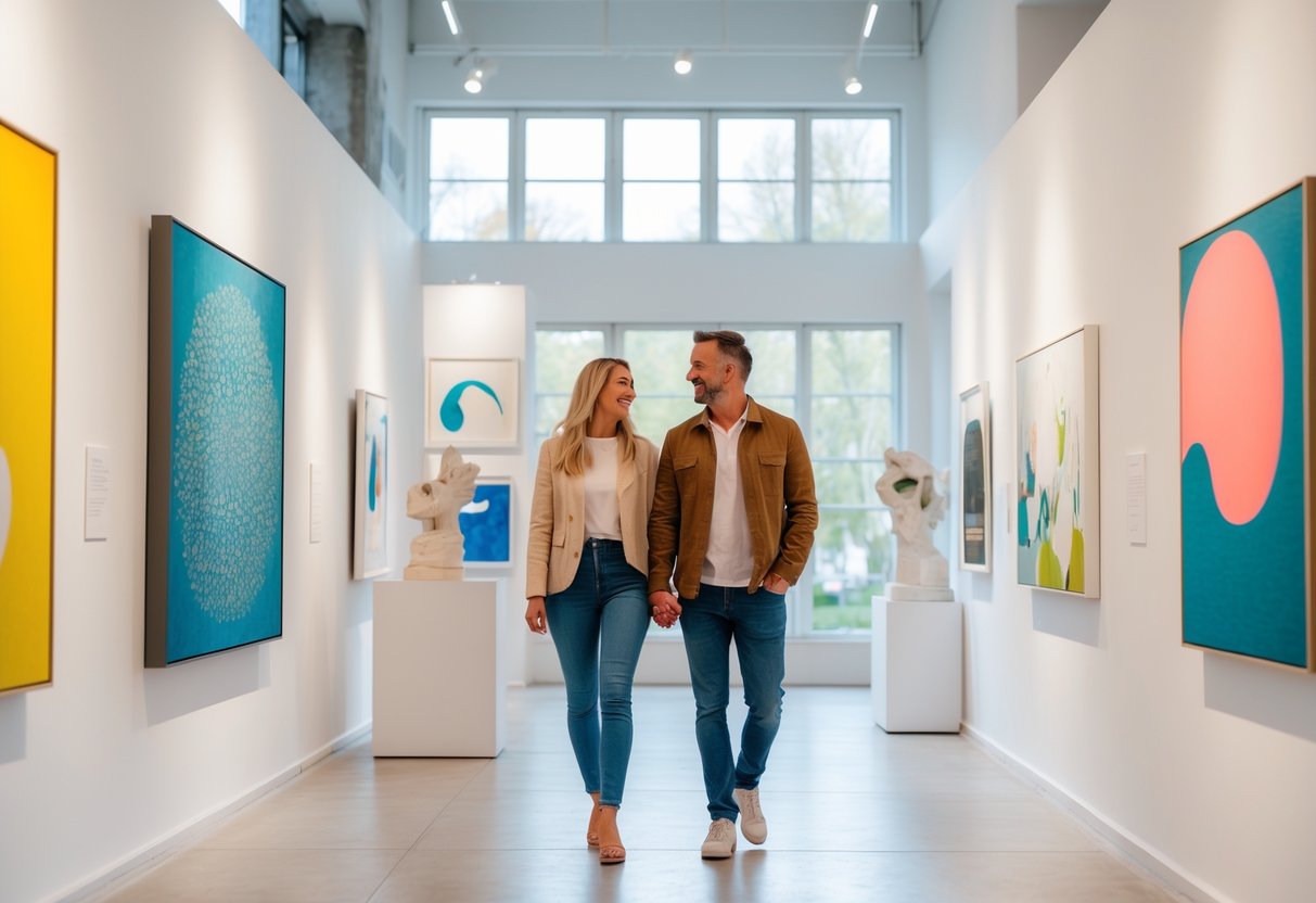 A couple walking through a bright art gallery admiring contemporary artworks on the walls.