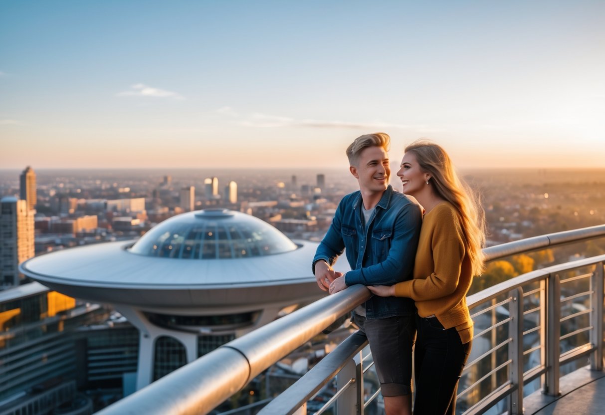 A young couple enjoying the view from the Evoluon observation deck overlooking the city of Eindhoven.