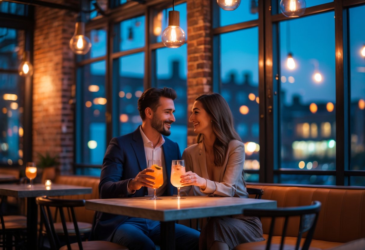 A couple enjoying drinks together at a cozy bar in the evening with warm lighting and modern decor.