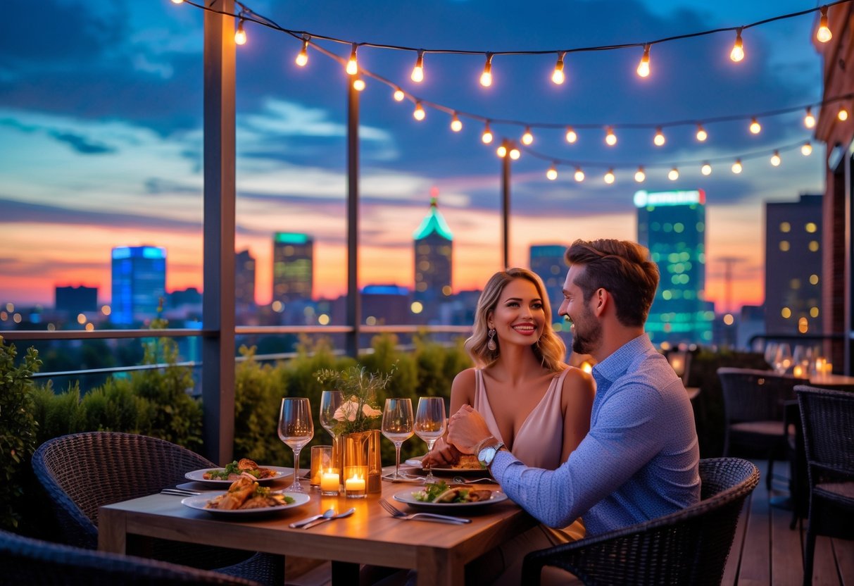 A couple enjoying a romantic outdoor dinner at a rooftop restaurant with the Birmingham city skyline at sunset in the background.
