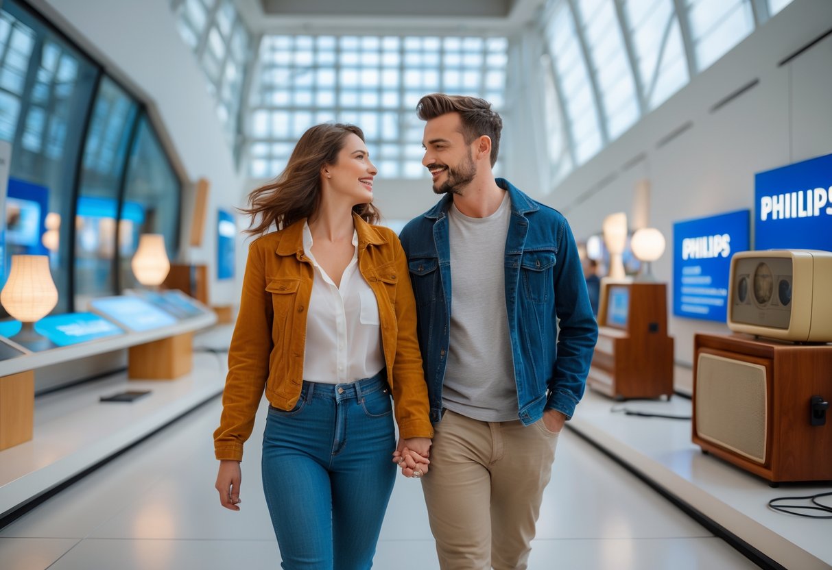 A young couple walking hand-in-hand inside a modern museum with vintage technology exhibits around them.