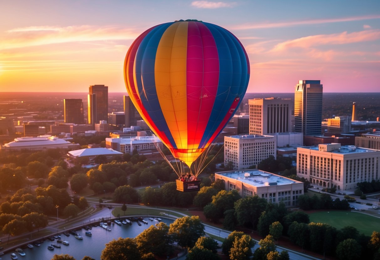 A colorful hot air balloon flying over the Birmingham city skyline at sunset with a couple in the basket.