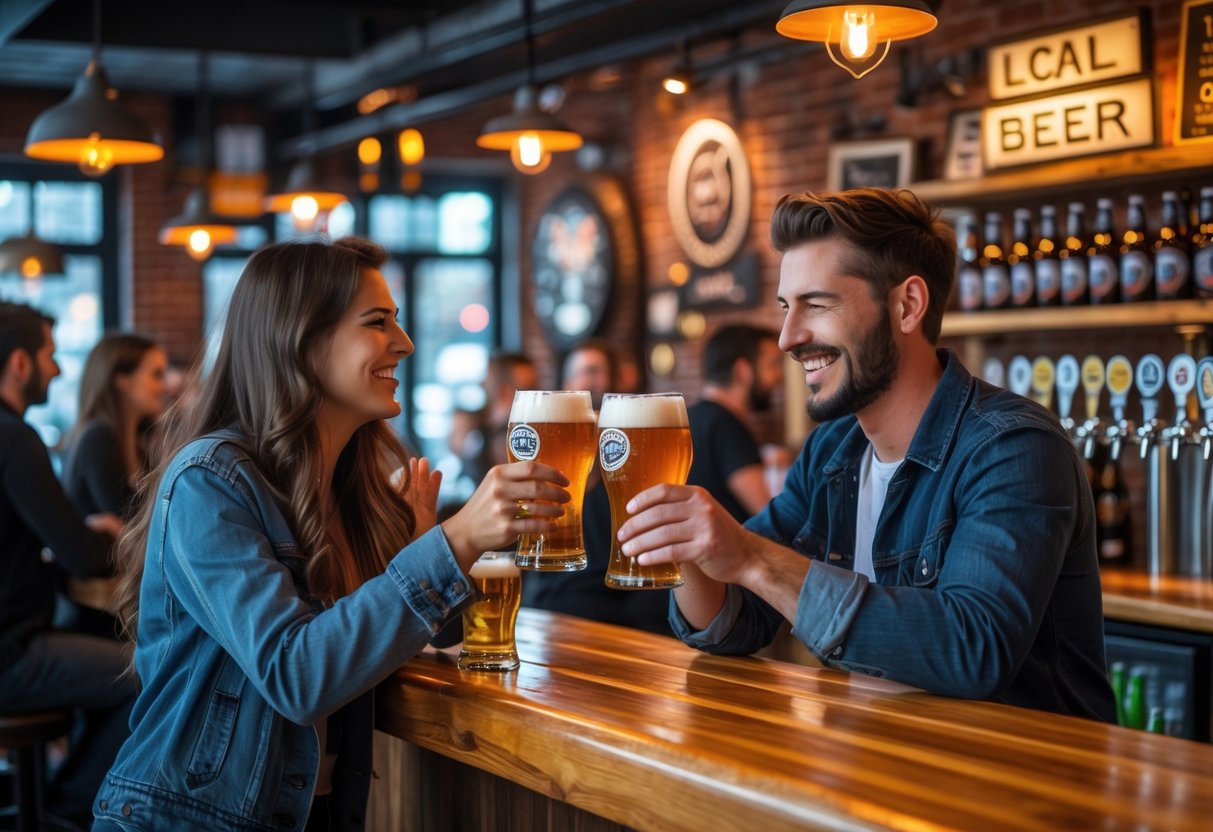 A young couple enjoying craft beers together at a cozy bar with wooden counters and warm lighting.