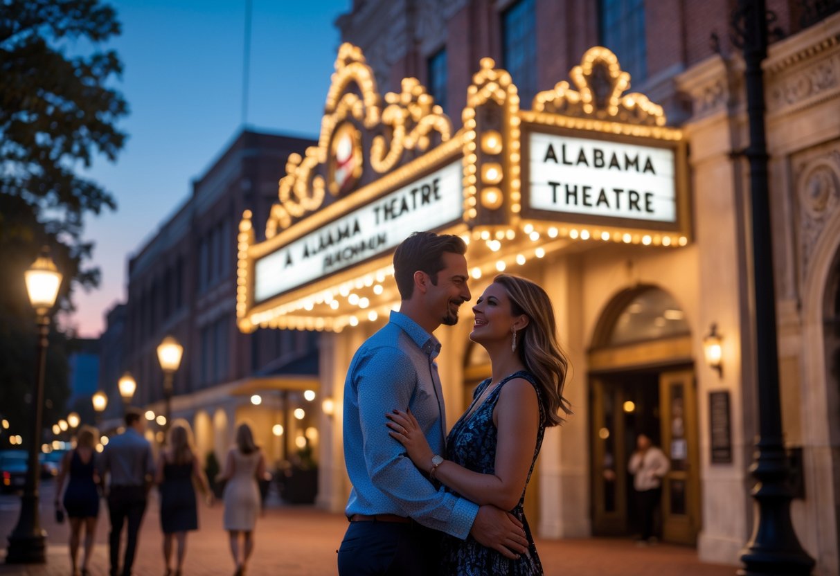 A couple enjoying a romantic evening outside the Alabama Theatre in Birmingham, Alabama.