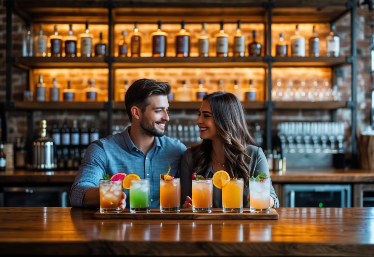 A young couple tasting cocktails together at a bar inside a local distillery.