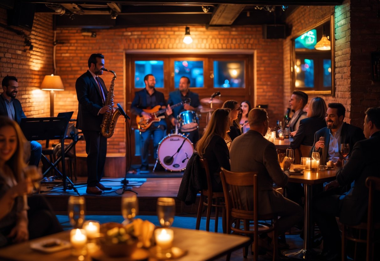 Couples enjoying live jazz music at a cozy bar with warm lighting and a small band performing on stage.