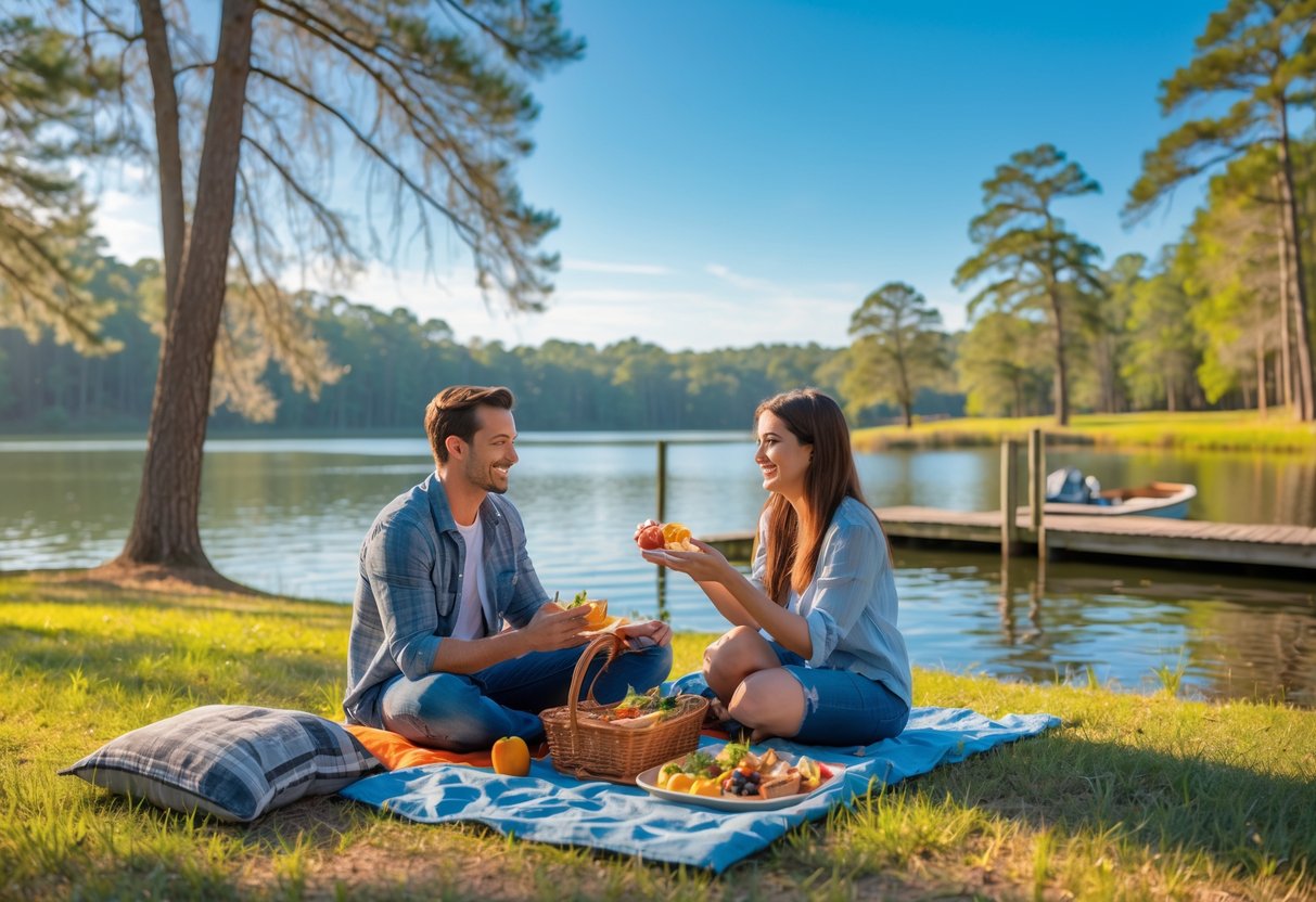 A young couple enjoying a picnic near a lake surrounded by trees in Jacksonville, North Carolina.