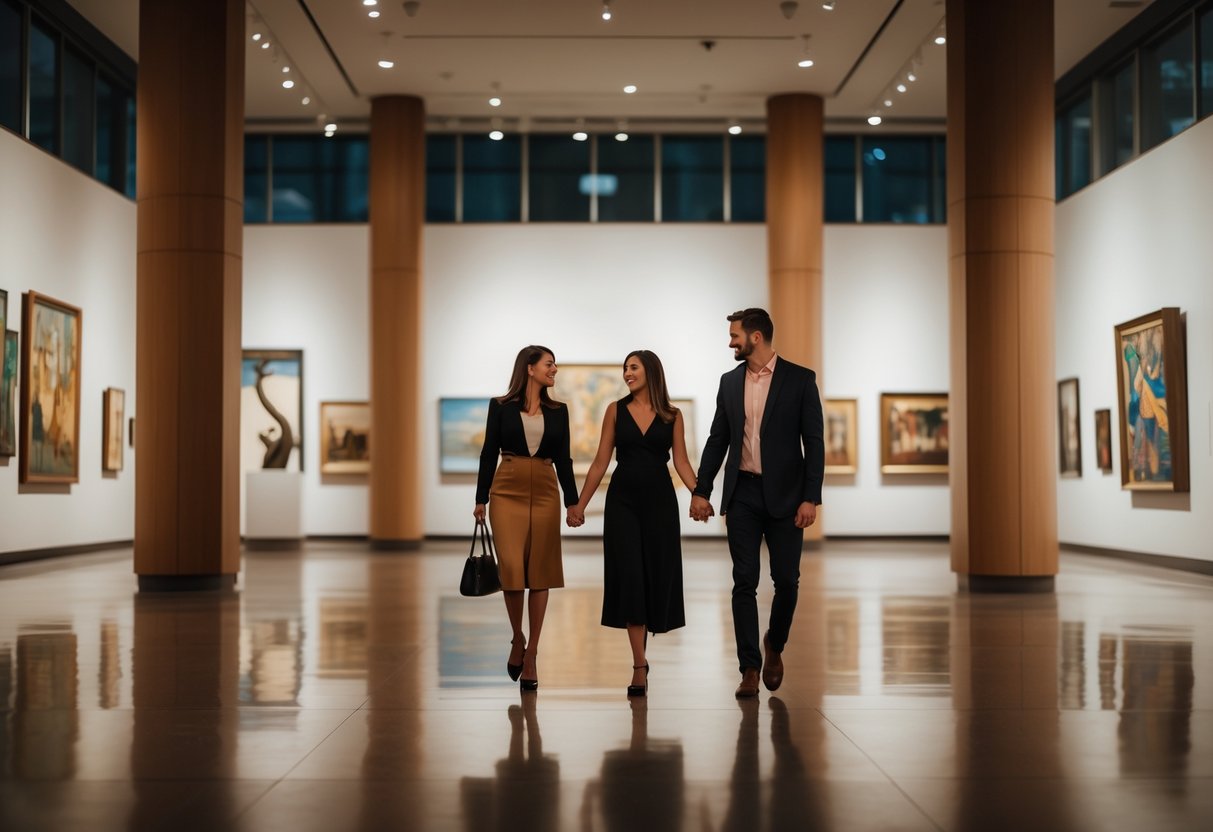 A couple walking hand in hand inside an art museum, surrounded by paintings and sculptures.