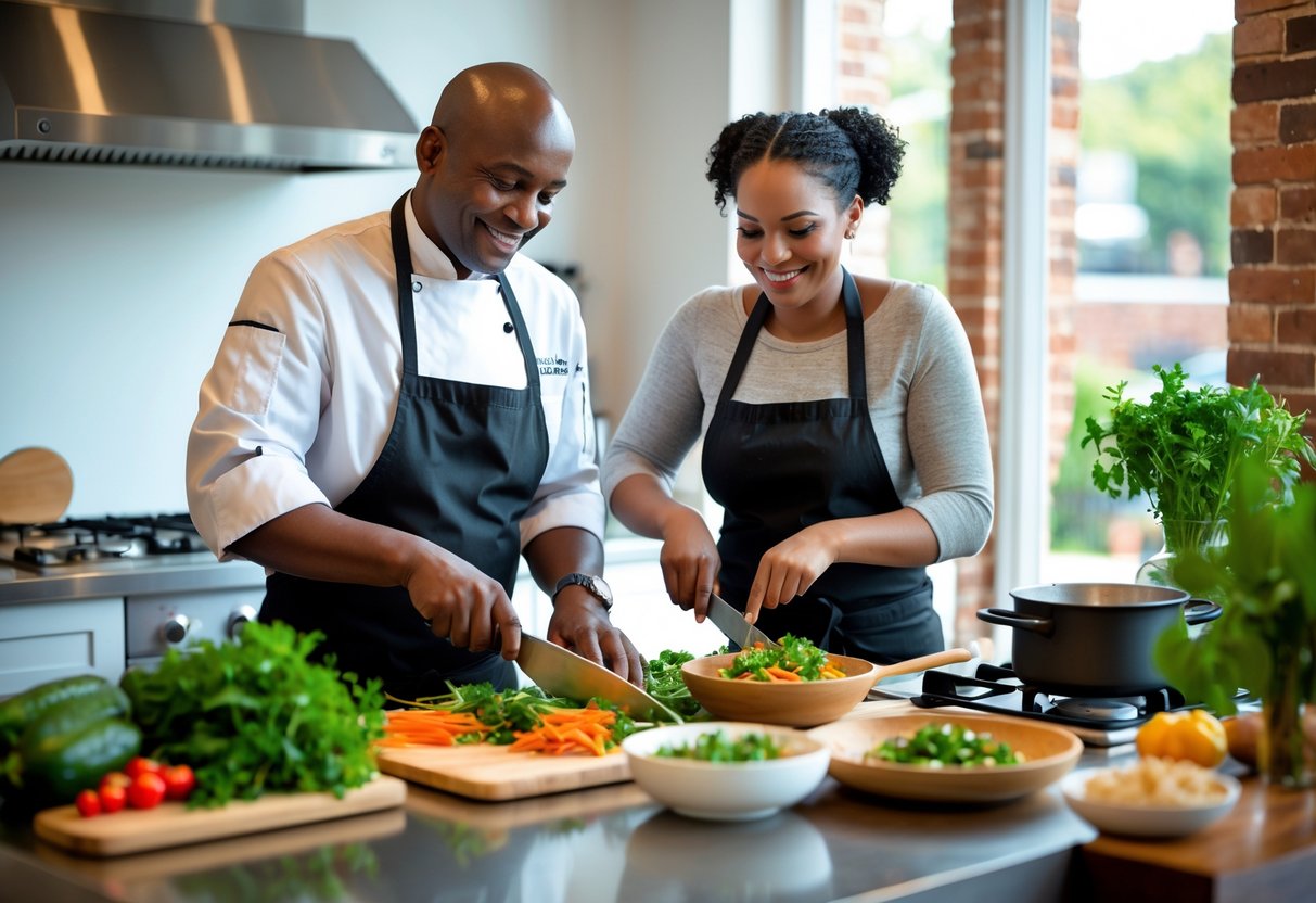 A couple cooking together with a local chef in a bright kitchen, preparing food and smiling.