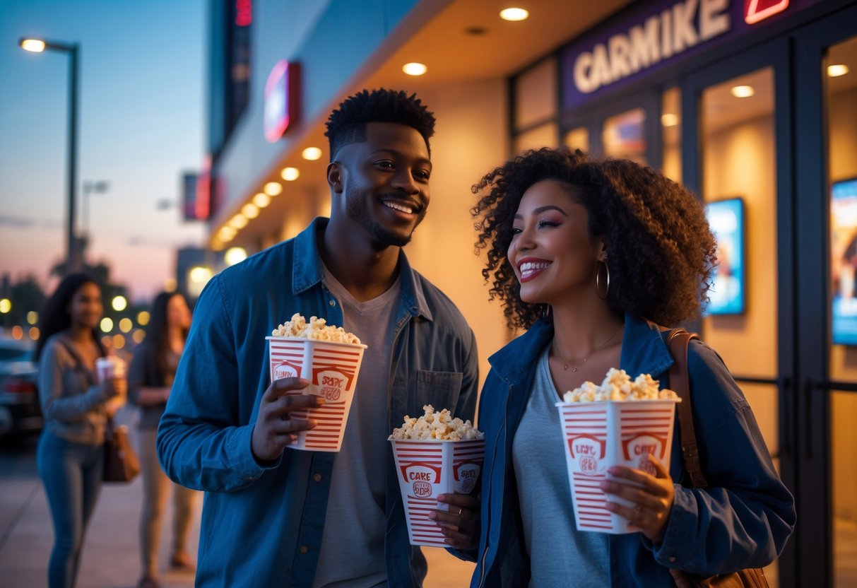 A young couple smiling and holding popcorn and drinks outside a movie theater entrance with other people nearby.
