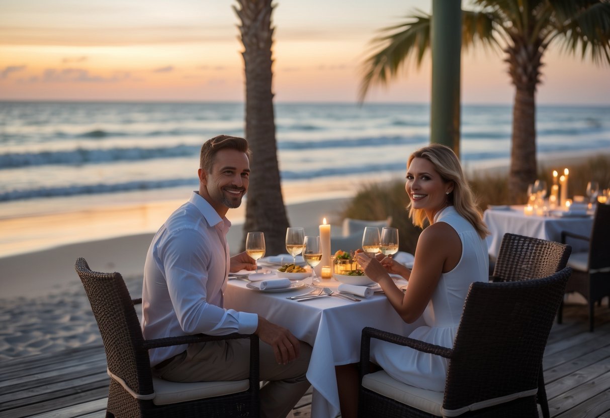 A couple enjoying a romantic dinner at a beachfront restaurant with ocean waves and a sunset in the background.