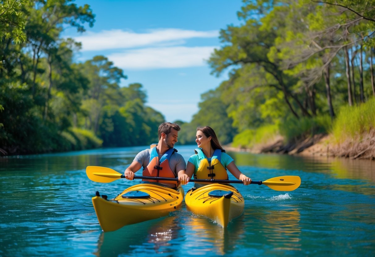 A couple kayaking together on a calm river surrounded by green trees under a sunny sky.