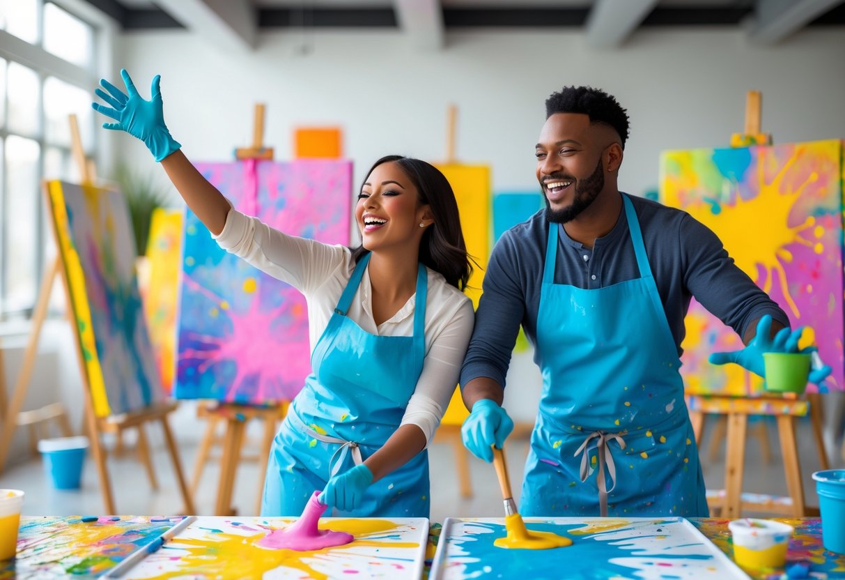 A couple happily throwing paint on canvases in a bright art studio filled with colorful paint splatters.