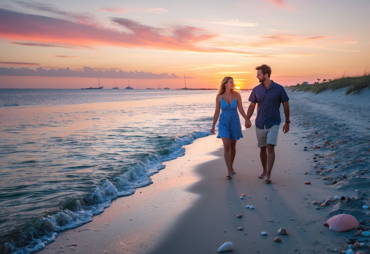 A couple walking hand-in-hand along a sandy beach at sunset with colorful sky and calm ocean in the background.