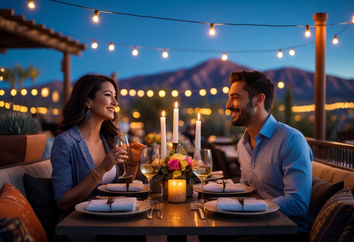 A couple enjoying a romantic outdoor dinner at night with mountains in the background and warm lights around them.