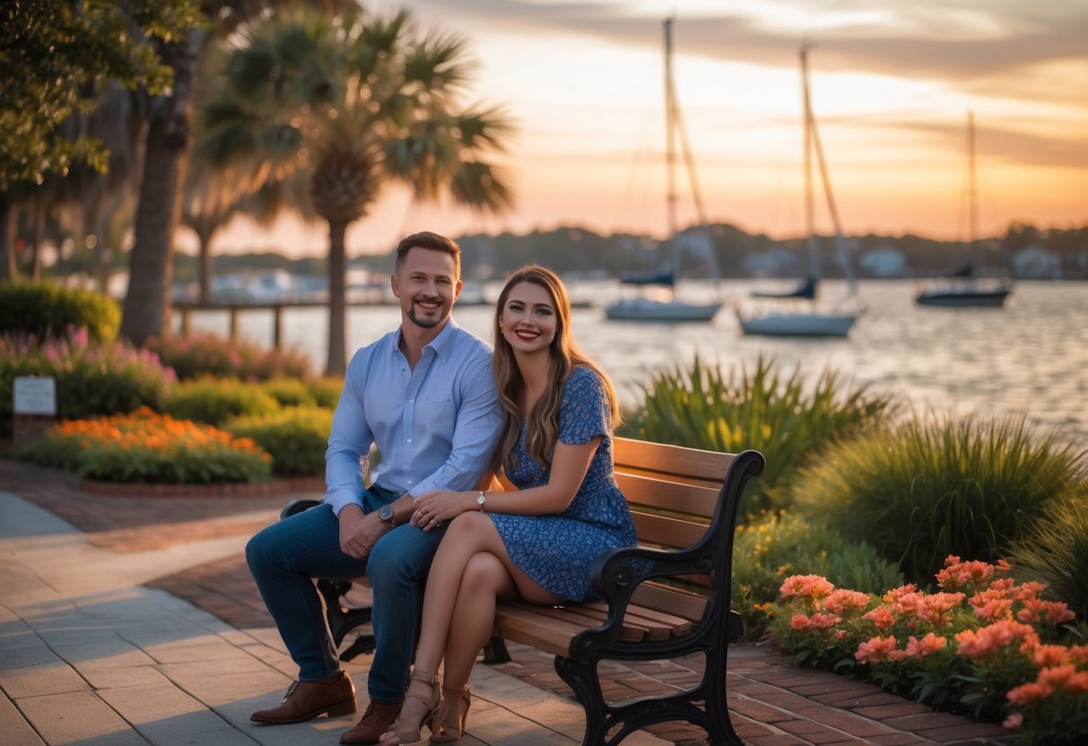 A couple sitting on a bench by the waterfront at sunset, holding hands and smiling.