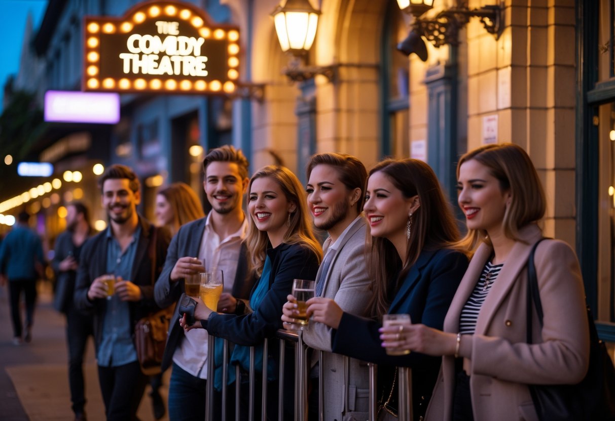 A group of young adults waiting outside a theatre at night, smiling and talking before a live show.