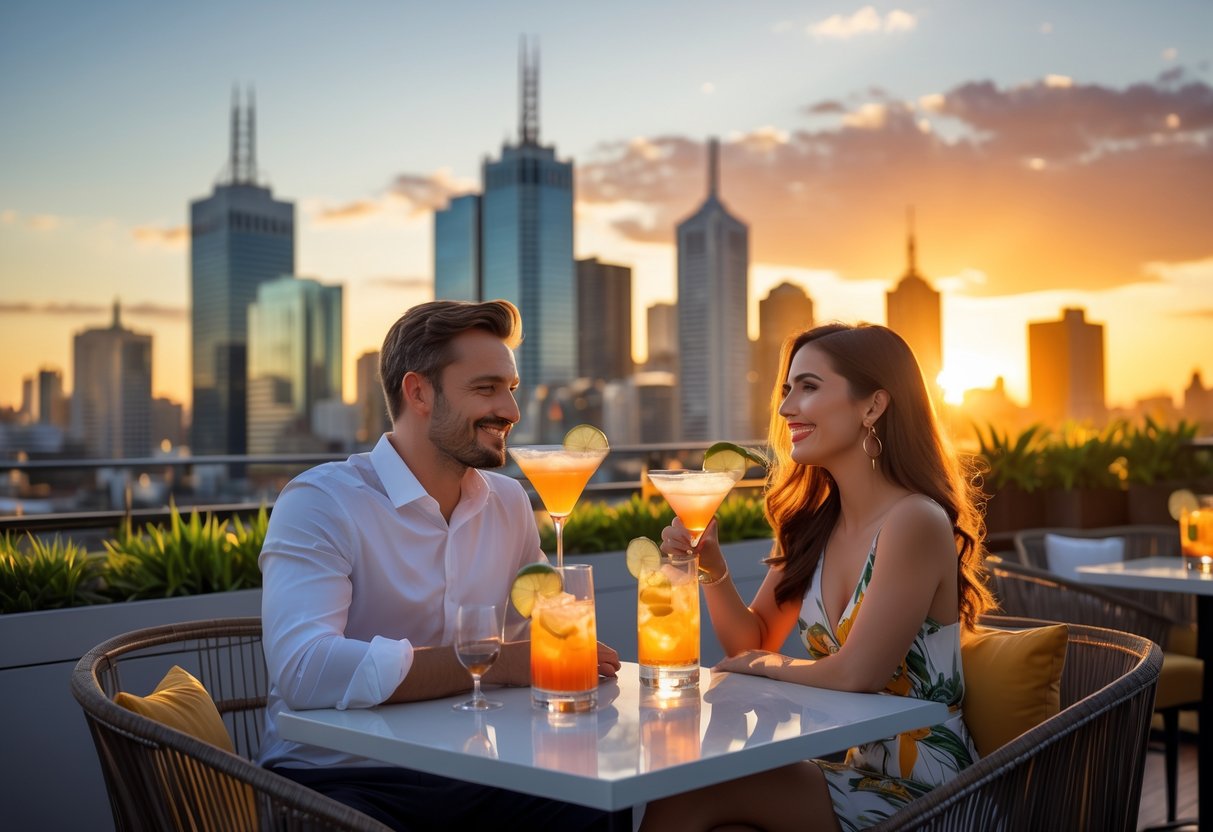 A couple enjoying drinks together at a rooftop bar during sunset with a city skyline in the background.
