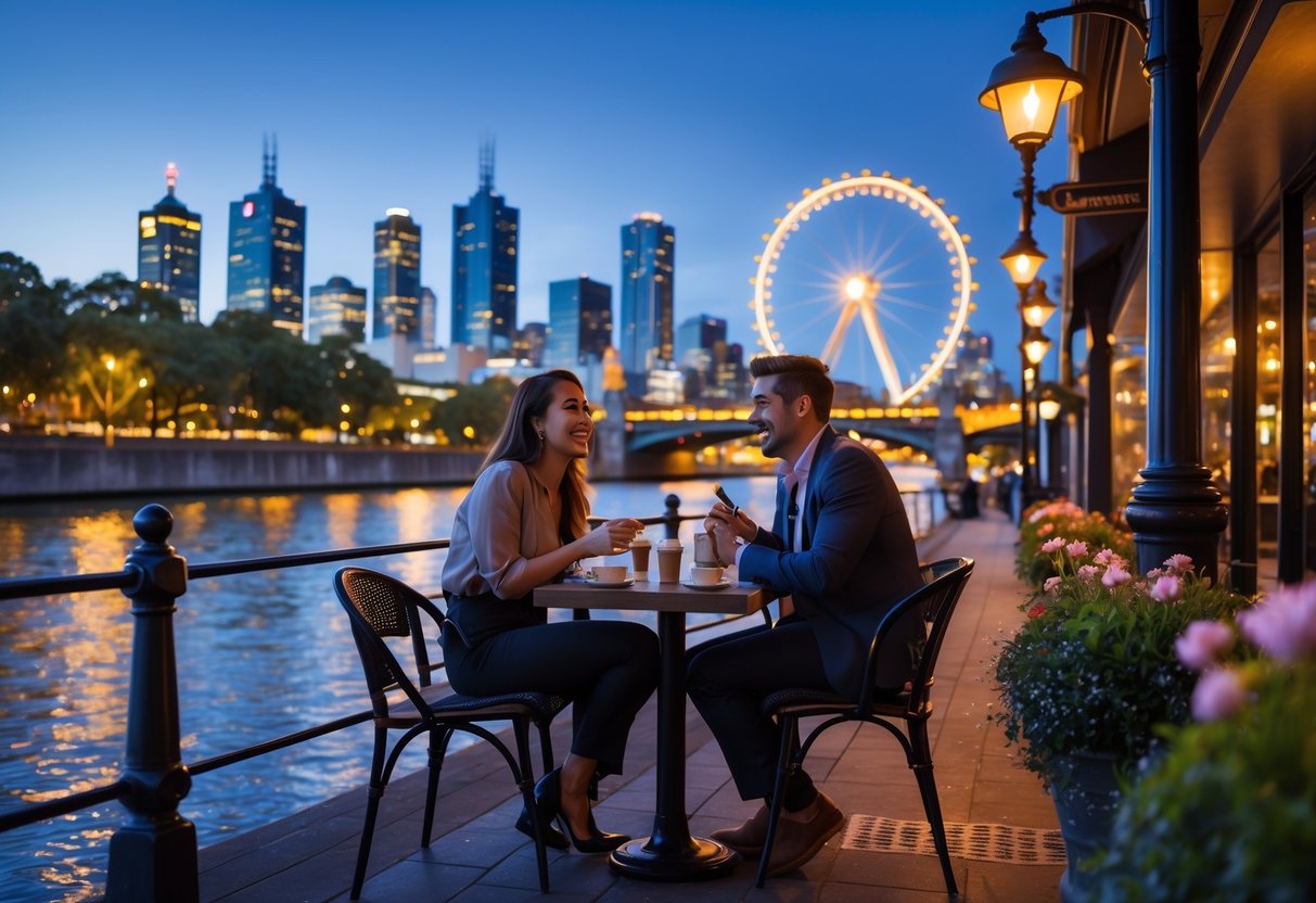 A young couple enjoying a romantic evening date by a river with city lights and a ferris wheel in the background.