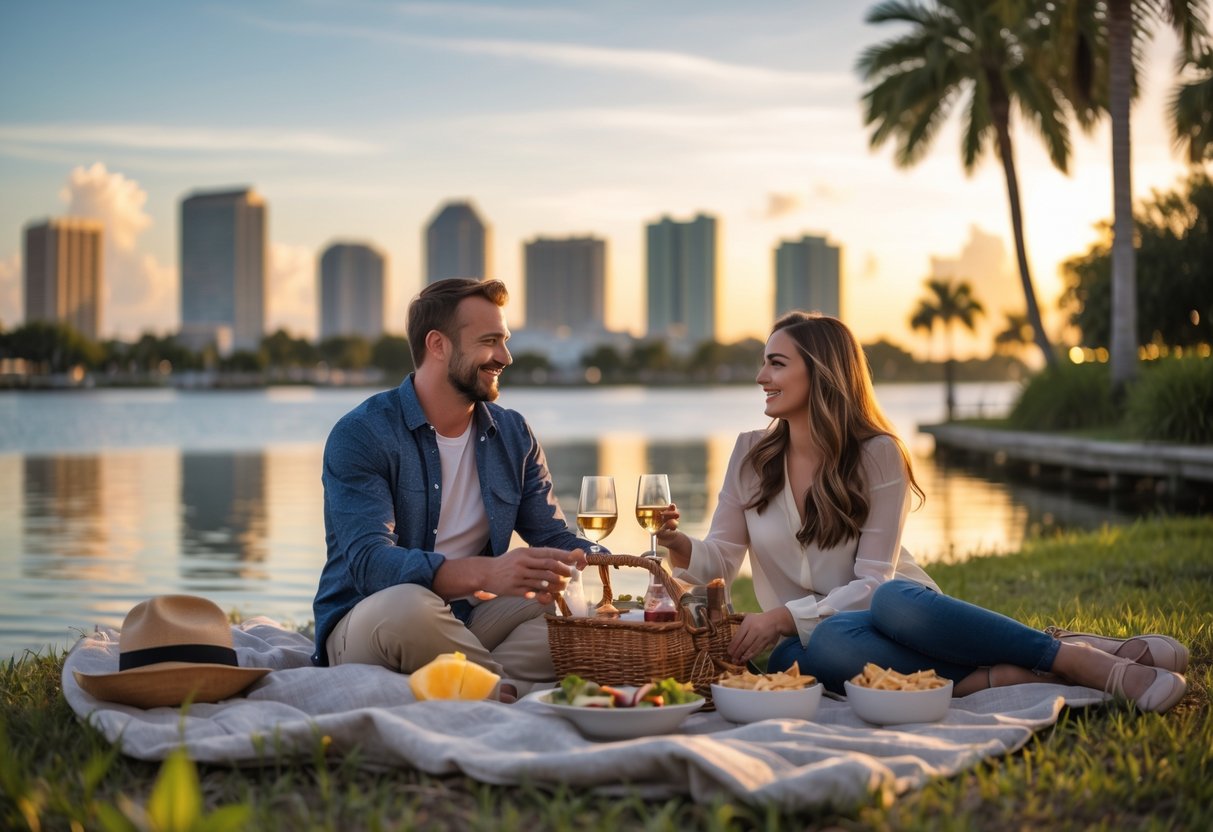 A couple enjoying a sunset picnic by the waterfront with the Tampa skyline and palm trees in the background.