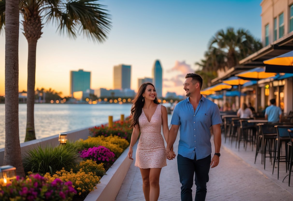 A couple walking hand-in-hand along a waterfront promenade in Tampa with the city skyline and palm trees in the background.