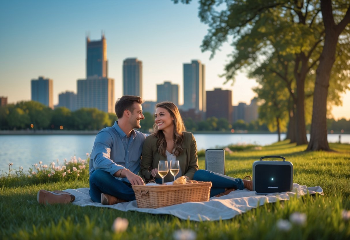 A young couple having a picnic on a blanket in a park near Lake Michigan with the Milwaukee skyline in the background.