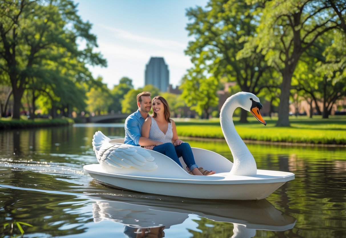 A couple enjoying a swan-shaped pedal boat ride on a calm lake surrounded by green trees at Veterans Park.